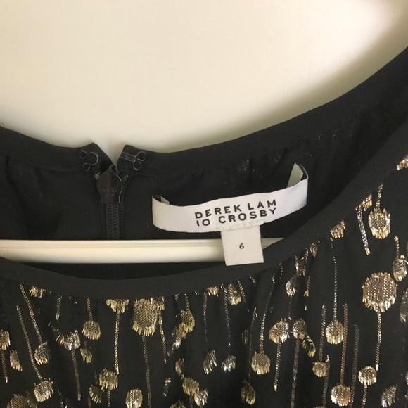 10 Crosby Derek Lam Black/Metallic Gold Silk Asymmetrical Ruffle Mini Dress - Picture 8 of 9